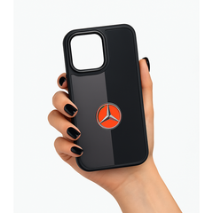 Black phone case with a red and orange logo held by a hand on a white background