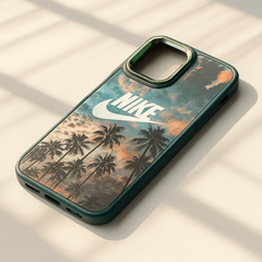 Phone case with Nike logo and palm tree design on a light background

